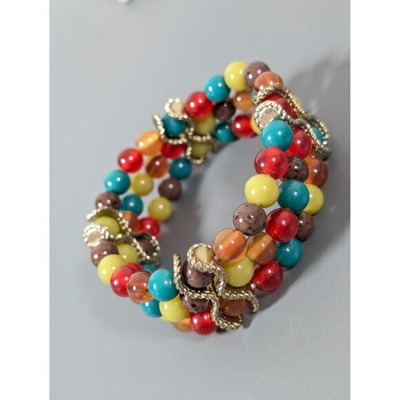Boho Tribal Red Green Bead Three Row Stretch Bracelet 7" - Picture 2 of 8